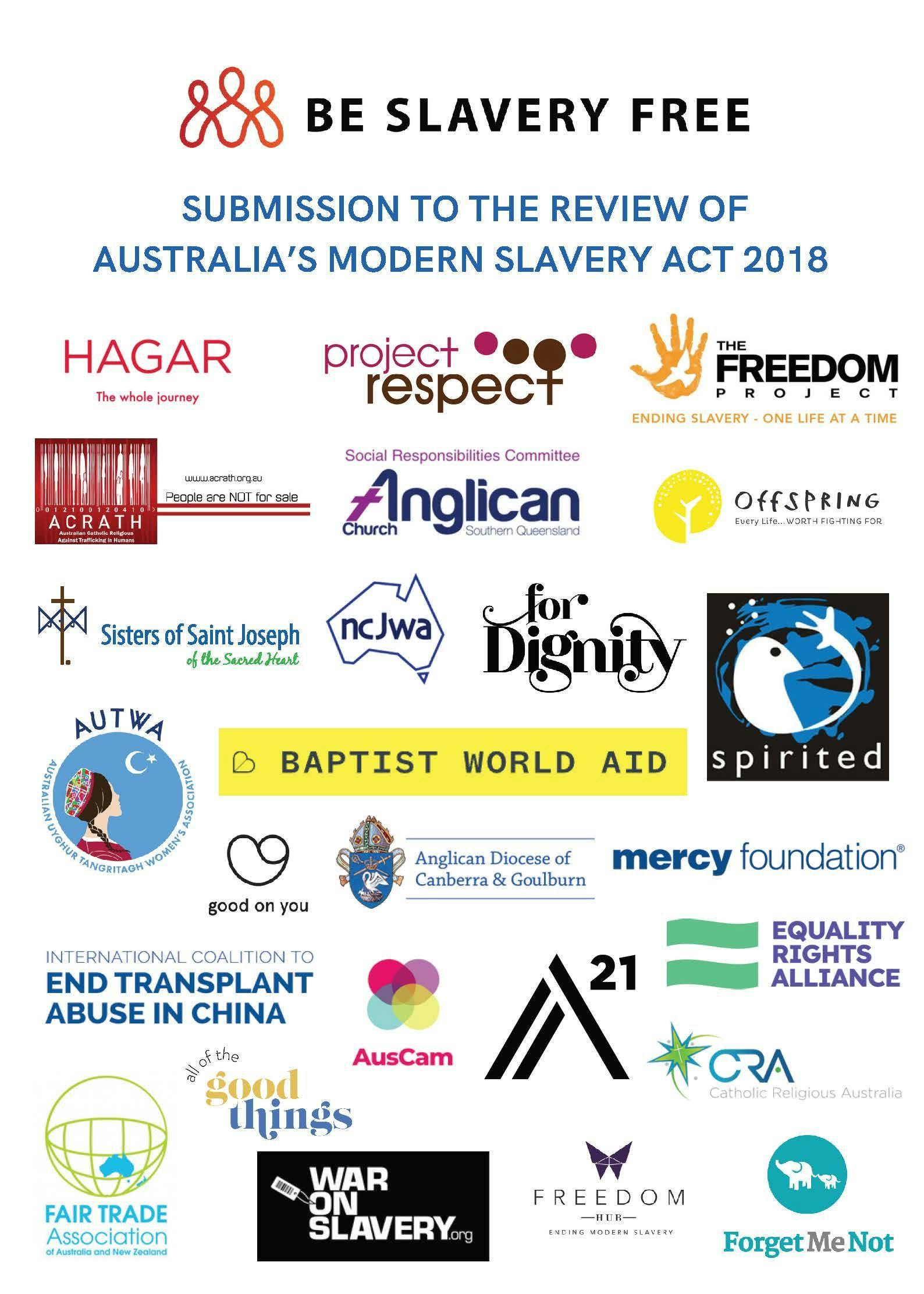 A page with multiple organisations logo under the text: Submission to the Review of Australia's Modern Slavery Act 2018