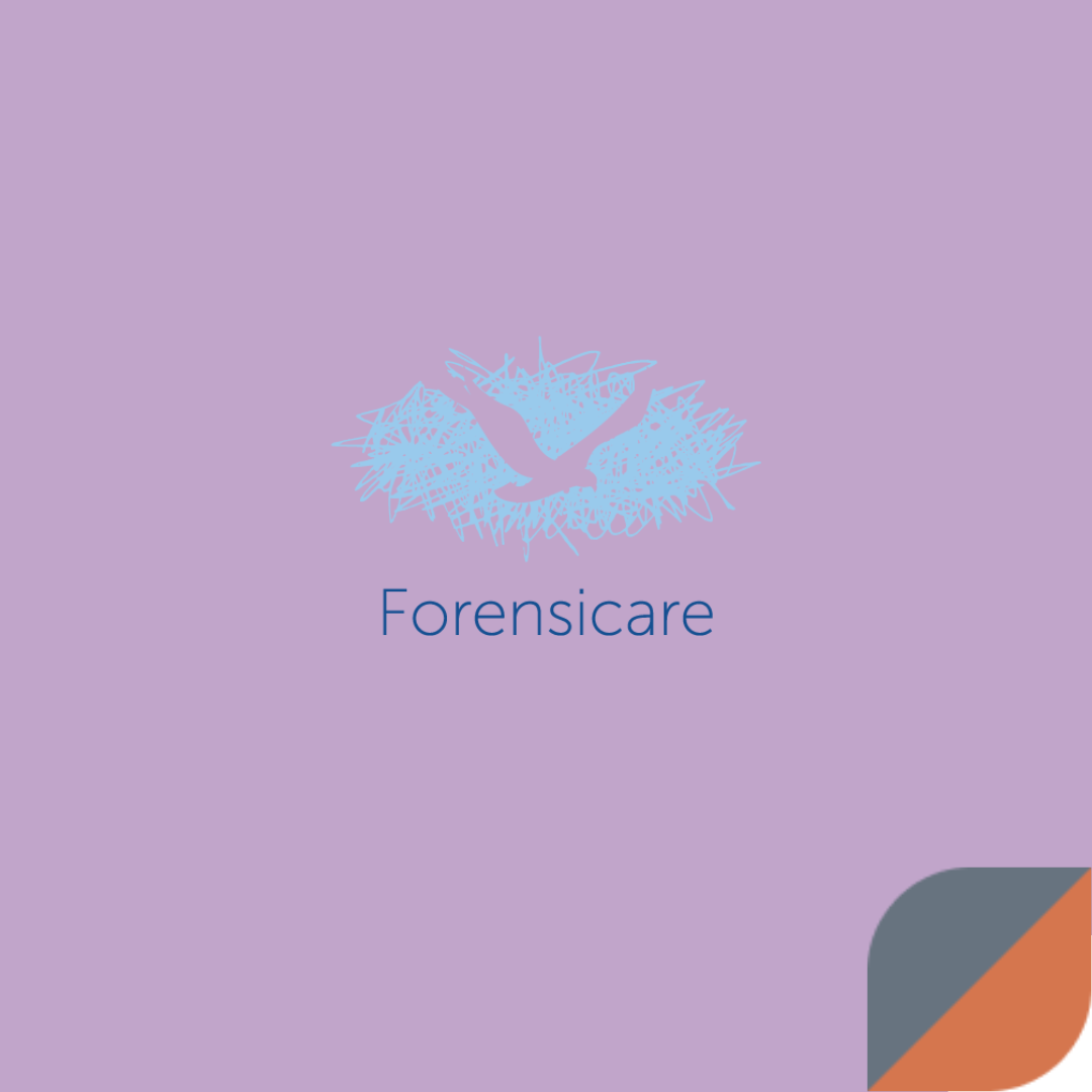 A purple tile with an orange page turner corner. Forensicare logo in the centre - A blue squiggle pattern with a white outline of a dove inside.